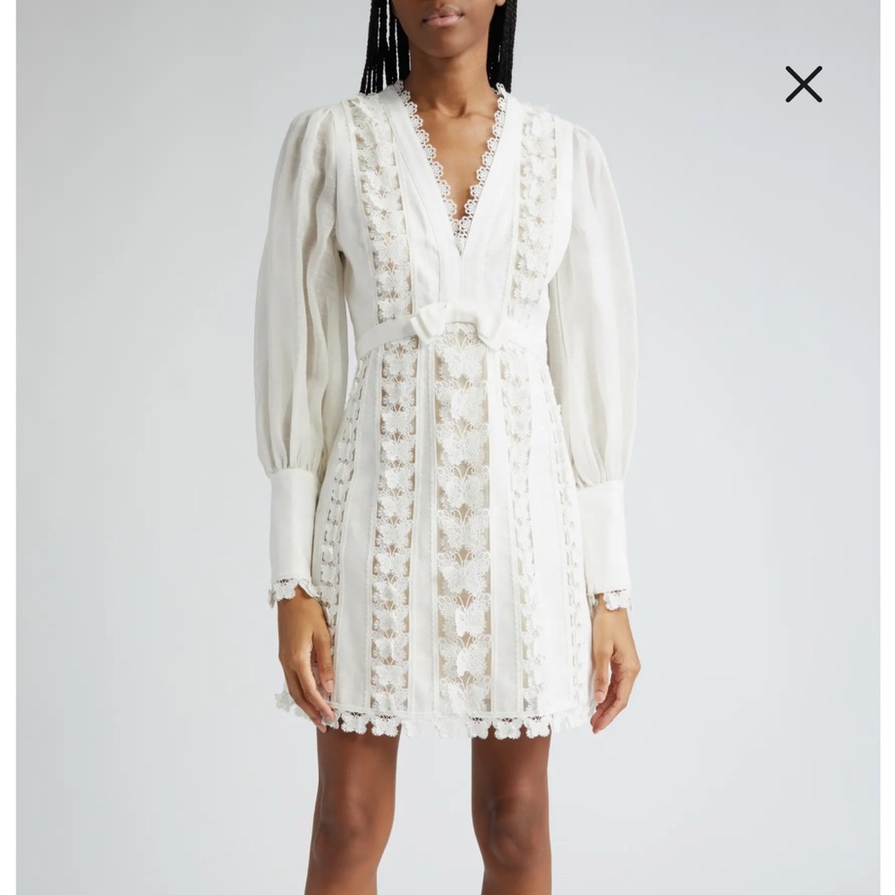 Zimmermann White Mini Dress with V-neck and Bishop Sleeves